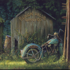 056 - Black Hills Supply Co. Oil painting of an old Knuckle head Harley
